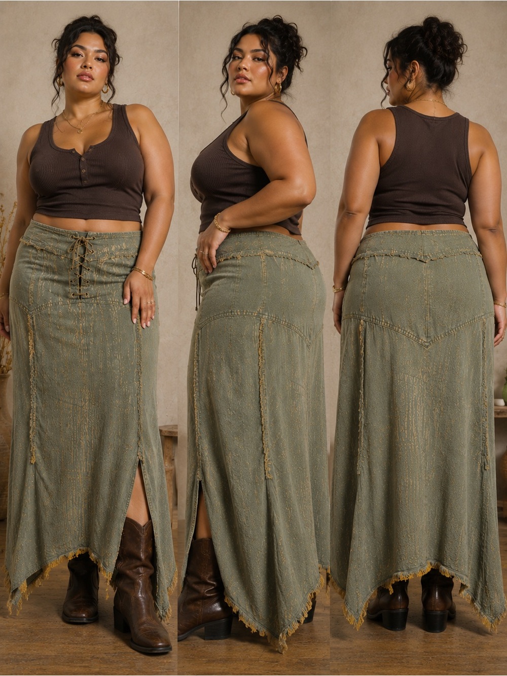 Bohemian Washed Midi Skirt with Frayed Hem